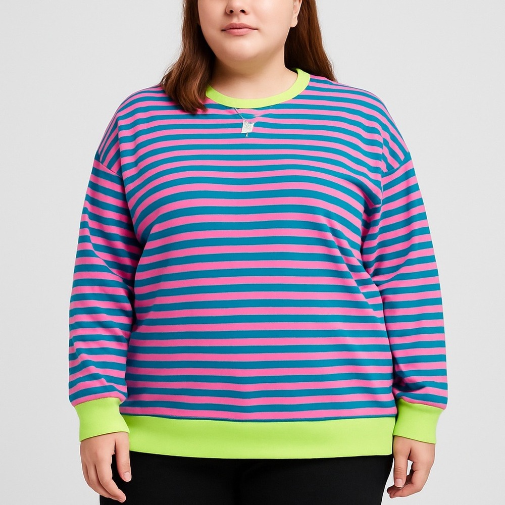 Trendy Queen Striped Crewneck Sweatshirt XL‎ Pink Teal Neon Green Retro Pullover